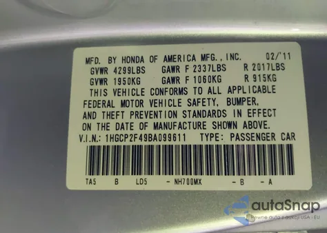 2011 Honda Accord 2.4 Lx-P z USA, uszkodzony, nr VIN 1HGCP2F49BA099611